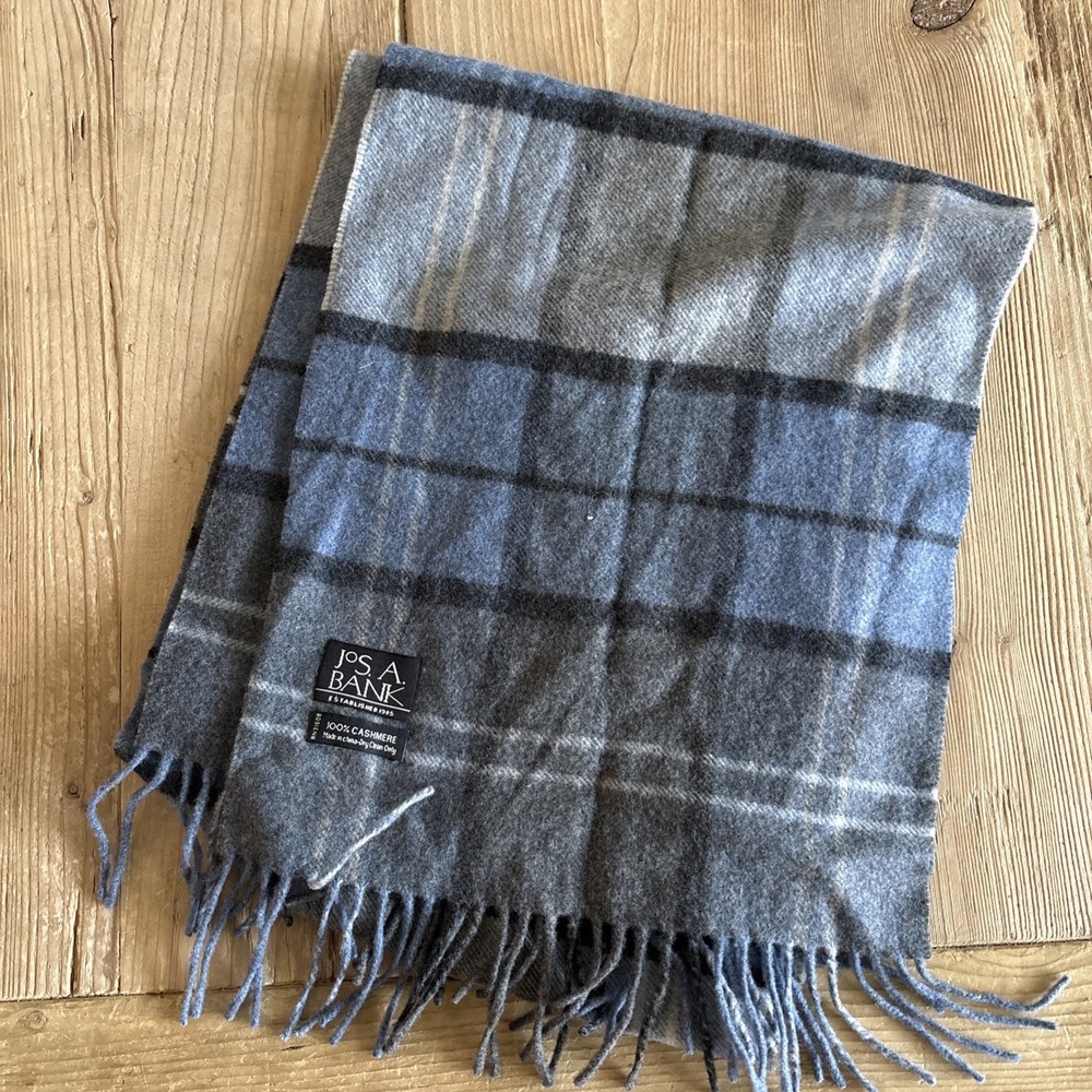 Jos A Bank Scarf Mens One Size Plaid 100% Cashmere Fringe Neck Warmer Winter
